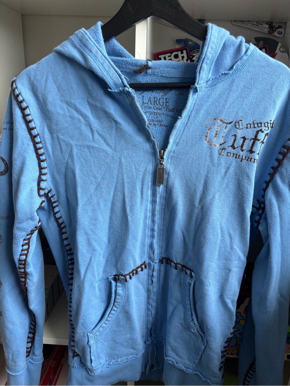 Cowgirl cuff couture zip up sweater baby blue